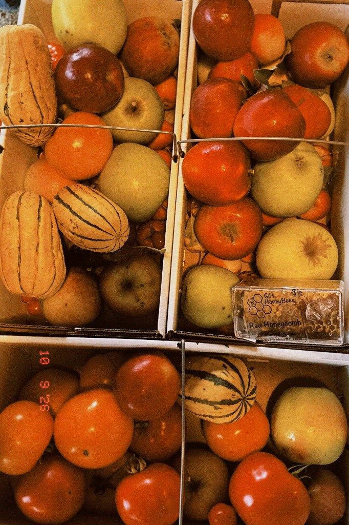 Boxes of picked apples, tomatoes, and squash with a package of raw honeycomb